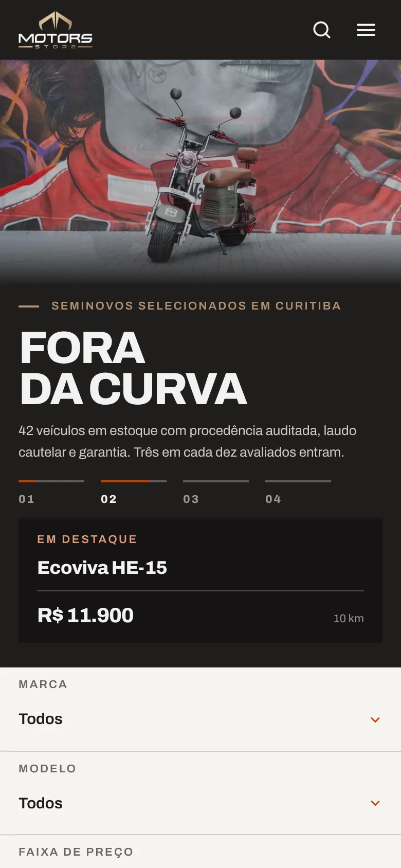 Vitrine do site da Motors Store no celular: veículo em destaque, preço e a busca por marca e modelo.